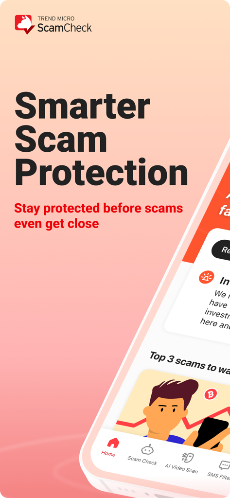 Trend Micro ScamCheck app home screen displaying smarter scam protection features