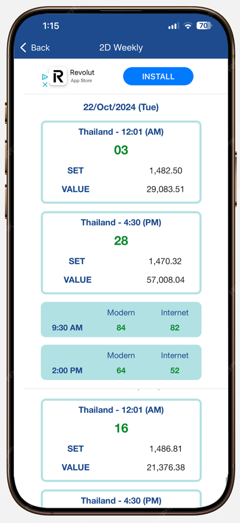 My Lucky 2D 3D - Mobile App-Oberfläche von My Lucky 2D 3D mit wöchentlichen Lotterieergebnissen und SET-Indexdaten aus Thailand
