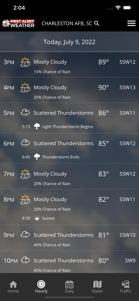 WCSC Live 5 Weather - WCSC Live 5 Weather app hourly forecast for Charleston South Carolina showing temperatures and thunderstorm conditions