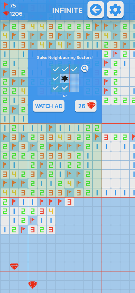 Infinite Minesweeper GRYKUBY - Infinite Minesweeper Gameplay, das einen gesperrten Sektor mit Optionen zum Freischalten mit Edelsteinen oder durch Ansehen einer Werbung zeigt.