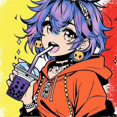 hot baddie anime girl drinking boba and biting the straw