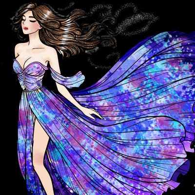 realistic woman in dress flowing the the wind