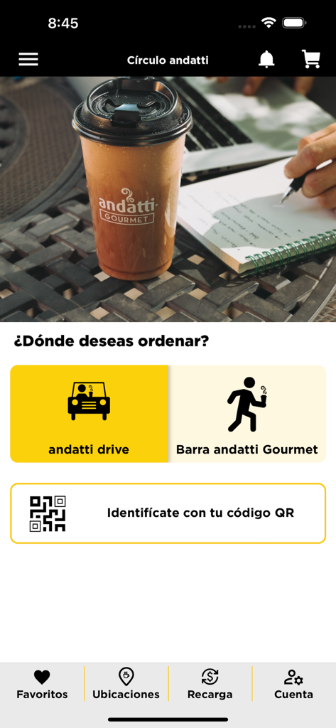 Círculo andatti - Pantalla de inicio de la aplicación móvil Círculo andatti que muestra opciones de pedido para autoservicio y barra gourmet con identificación por código QR