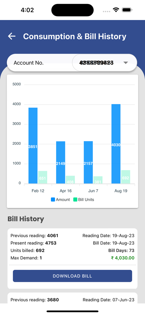UPCL app screen showing electricity consumption chart and bill history details