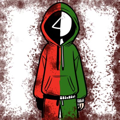 faceless girl in a tracksuit with a hood on and no hair