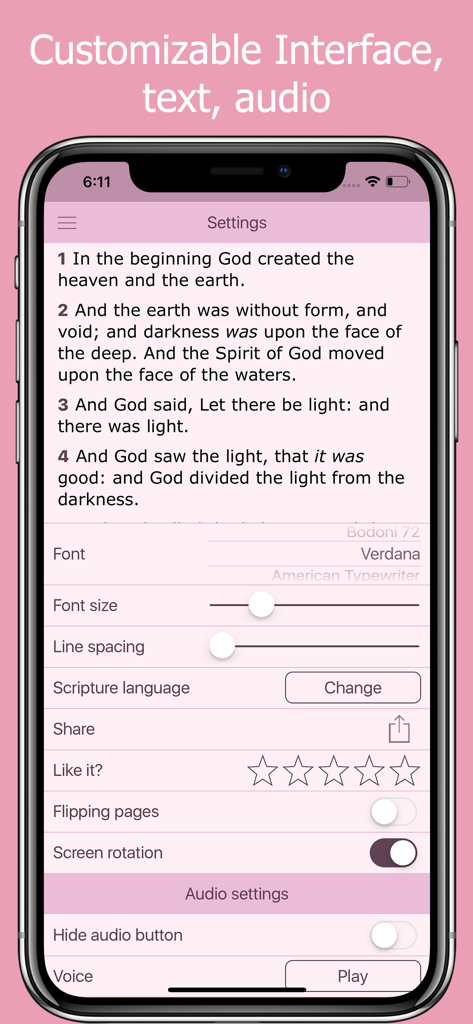 Uno smartphone che visualizza il menu delle impostazioni dell'app Bibbia per Donne con opzioni per dimensione del carattere, interlinea e impostazioni audio