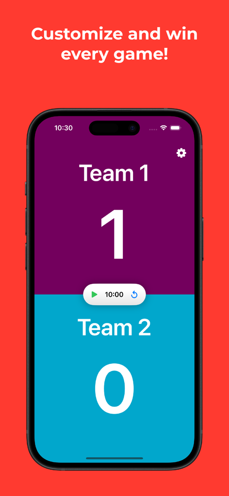 Scoreboard app interface showing scores for two teams with a central timer.