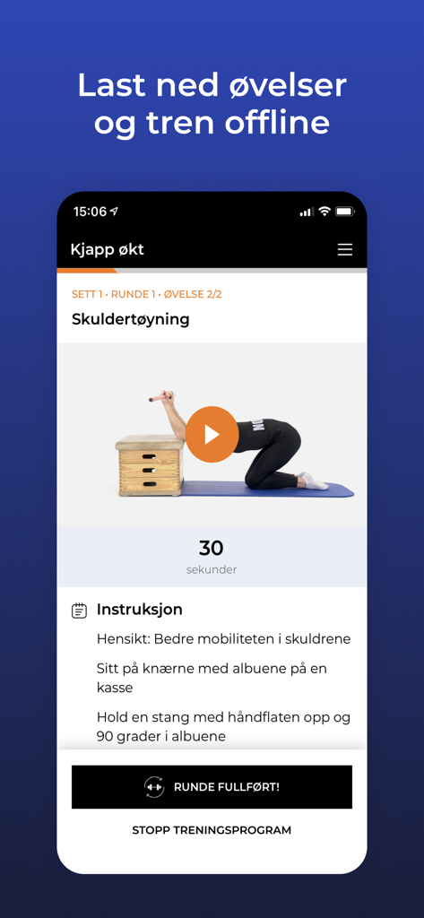 Skadefri - Skadefri mobile app screenshot showing a video demonstration and instructions for a shoulder stretch exercise with an offline training feature.