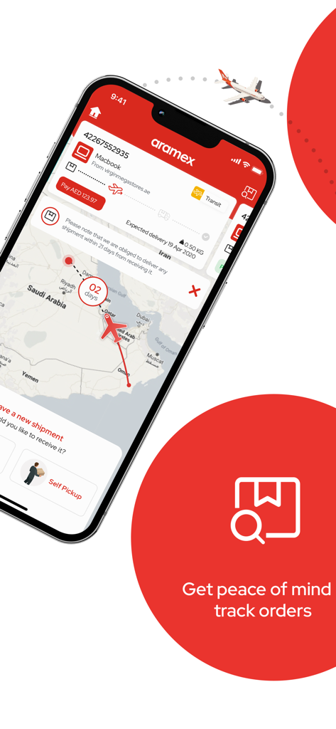 Aramex ارامكس - Aramex-App-Oberfläche, die die Echtzeit-internationale Sendungsverfolgung auf einer Karte mit Transitdetails anzeigt.