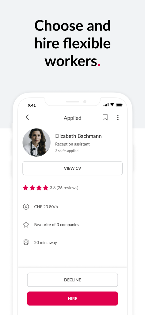 Coople for Business - Coople for Business app screen showing a flexible worker profile with a hire button.