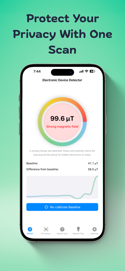 A smartphone interface showing a magnetic field detector app with a warning of a strong magnetic field for privacy protection.
