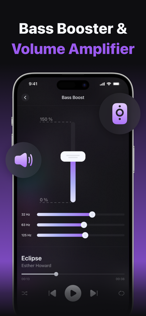 Music Equalizer: Bass Tuner. - iPhone screen displaying the bass booster and volume amplifier interface with frequency sliders and music player controls