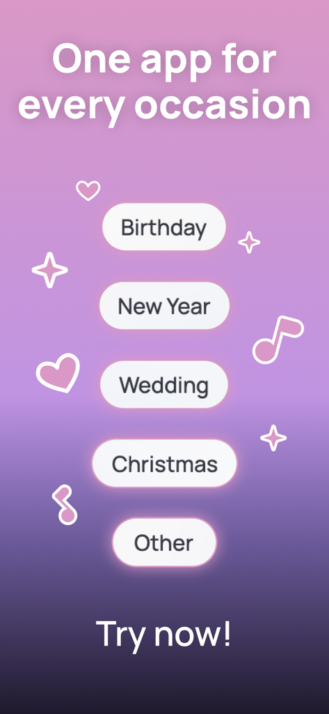 SingMyWish - AI Songs & Poems - Interfaz de la aplicación que muestra opciones de canciones y poemas IA personalizados para cumpleaños, bodas y otras ocasiones