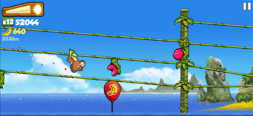 Banana Kong - Banana Kong character swinging on vines over the ocean with carnivorous plants nearby