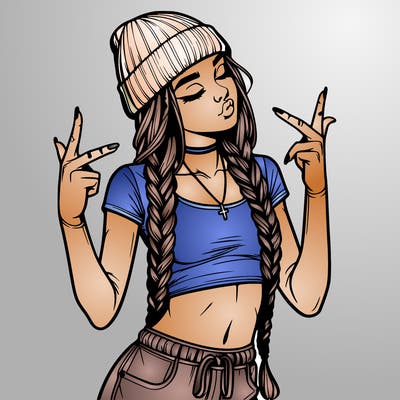 realistic teenage girl with braids and a beanie and crop top doing 🫶🏼