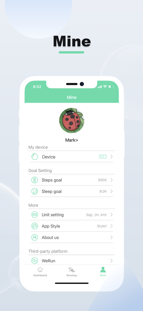 H Band Lite - H Band Lite mobile app profile screen showing user goals for steps and sleep and device settings