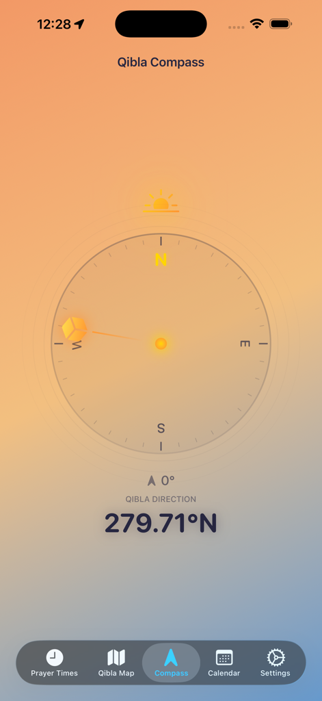 alQibla - alQibla app interface showing the graphical Qibla compass screen with a precise direction indicator