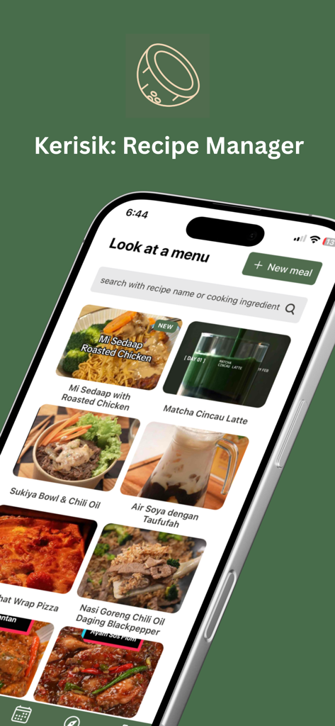 Kerisik: Recipe Manager - Home screen of the Kerisik Recipe Manager app featuring a menu of various recipes and a search bar.
