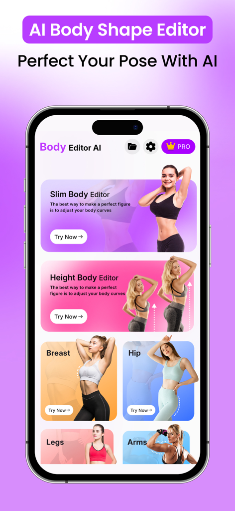 Body Editor AI: Hot, Slim Look - Menú principal de la aplicación Body Editor AI mostrando varias herramientas de edición de fotos, incluyendo Slim Body y Height Editor.