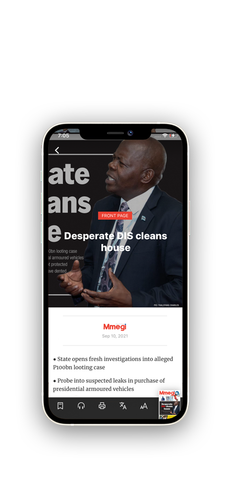 Screenshot of BW.News app displaying the Mmegi newspaper front page about Botswana news.