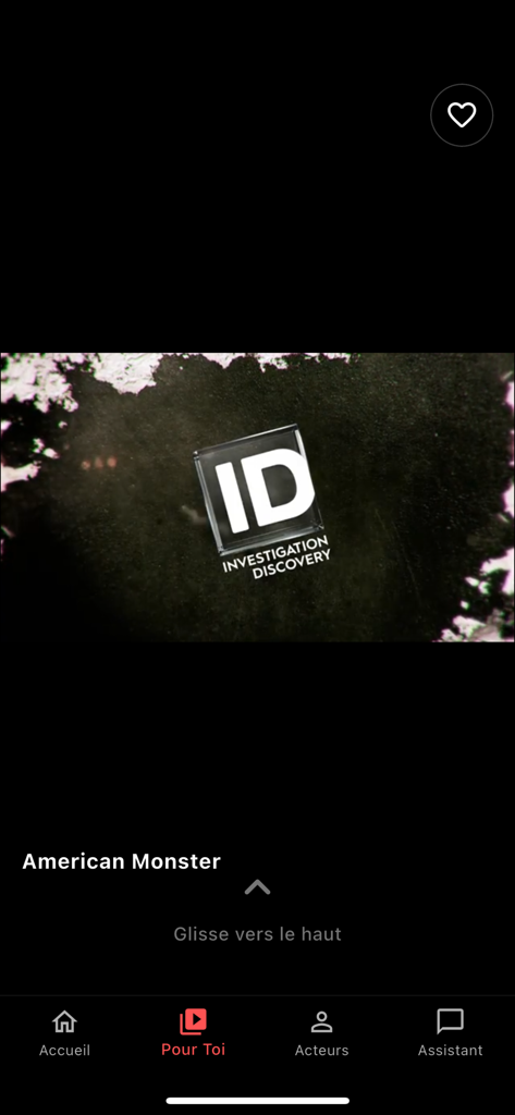 TV Shows & Movies - Interfaz CineScroll de la aplicación CineMate mostrando un avance de la película American Monster con iconos de navegación en la parte inferior