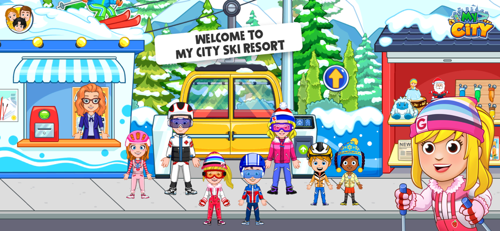 My City : Ski Resort - Welcome screen of My City Ski Resort featuring various cartoon characters in winter clothing in front of a ski lift and mountain background