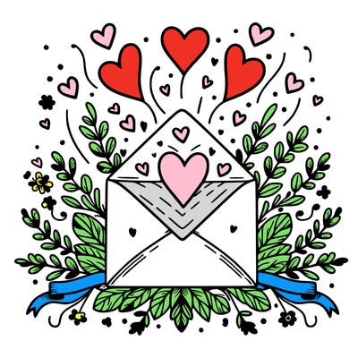 an envelope with hearts floating out of it, surrounded by floral accents or ribbons.