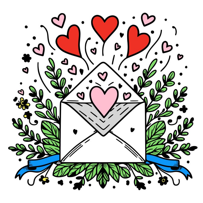 an envelope with hearts floating out of it, surrounded by floral accents or ribbons.
