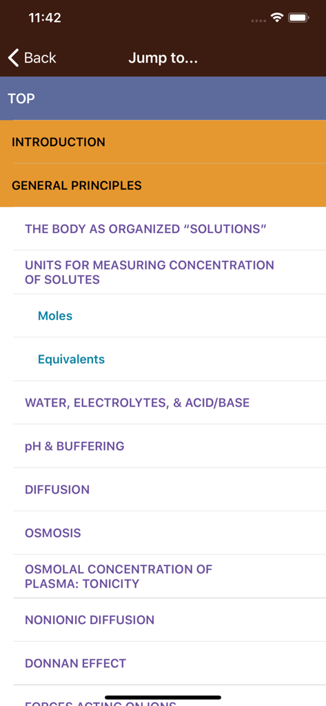 Ganong's Review Physiology 26E - Table of contents in the Ganong Physiology app showing topics like general principles, diffusion, and osmosis.