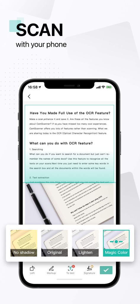 CamScannerアプリのインターフェース。OCR機能と画像強調フィルターを使用したドキュメントスキャンを表示
