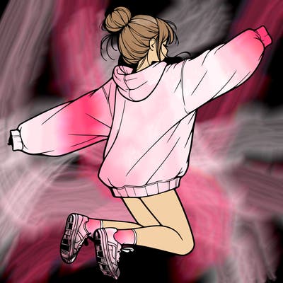 realistic girl jumping with a bun and oversized sweatshirt