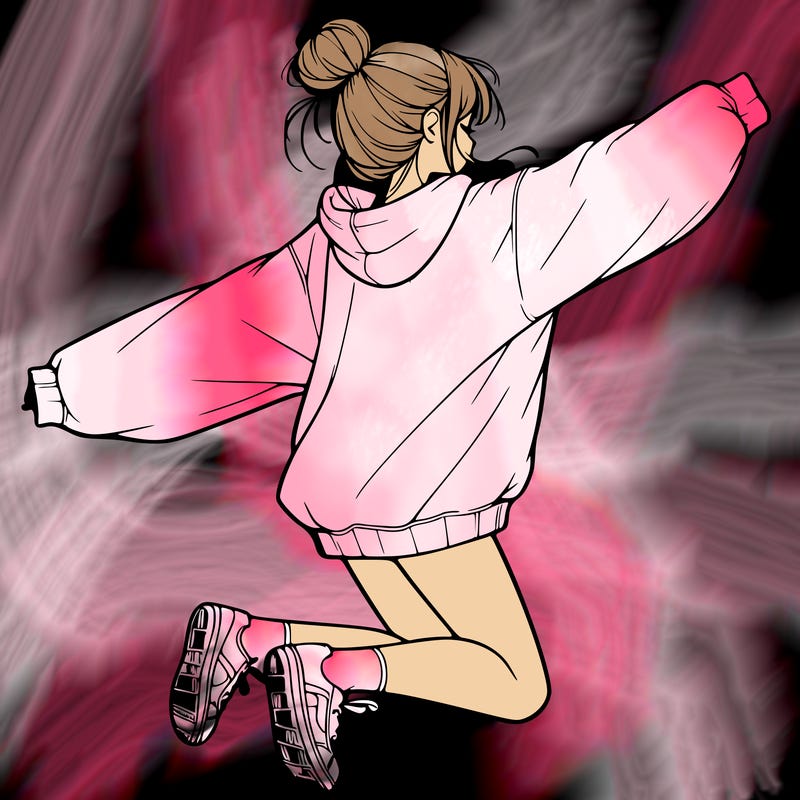 realistic girl jumping with a bun and oversized sweatshirt