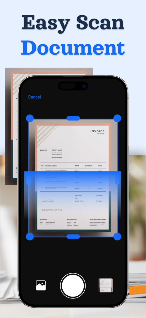 Doc Scanner - Fast PDF Creator - Interface of Doc Scanner app scanning a paper invoice using an iPhone camera