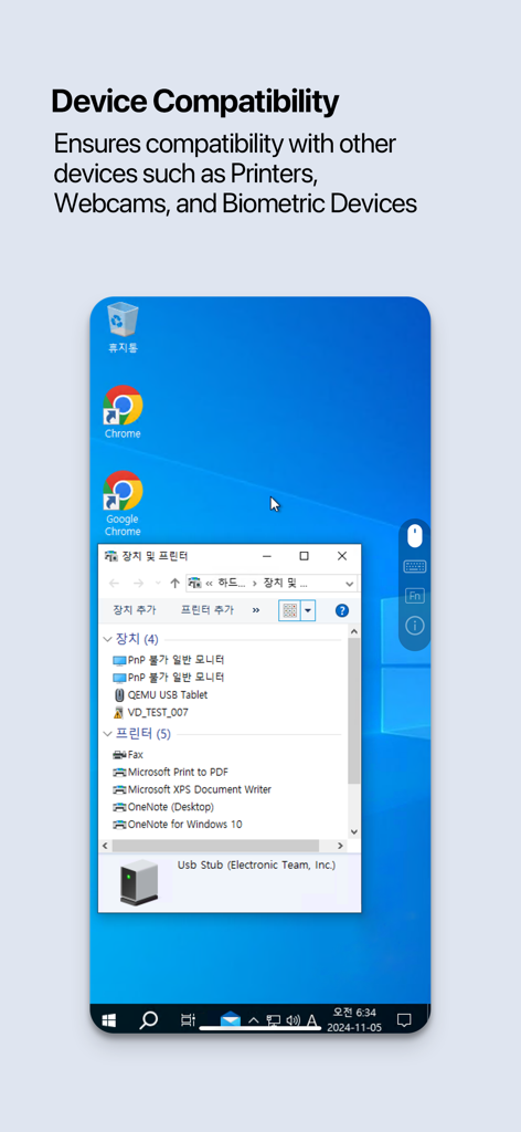 VD-i client - VD-i client app interface showing a Windows desktop environment with device compatibility settings for printers and webcams on a mobile device.