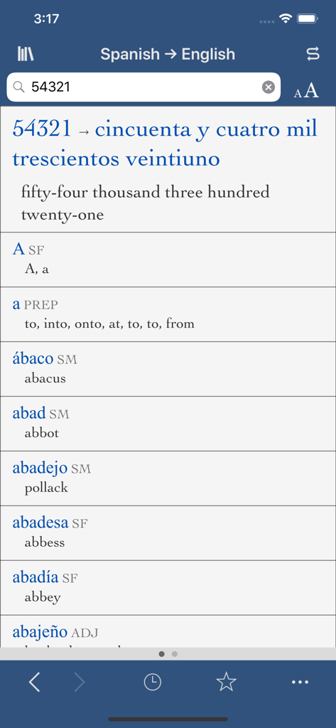 Interface do aplicativo Collins Spanish English dictionary mostrando tradução de números e lista de palavras em ordem alfabética