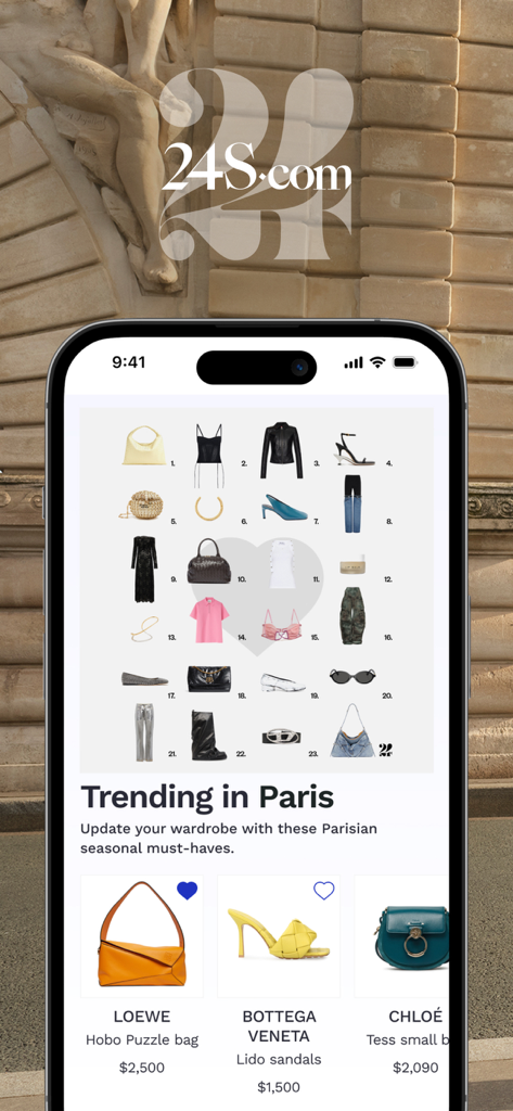 24S: Luxury Fashion Designers - 24S luxury fashion app interface displaying trending designer products from Paris