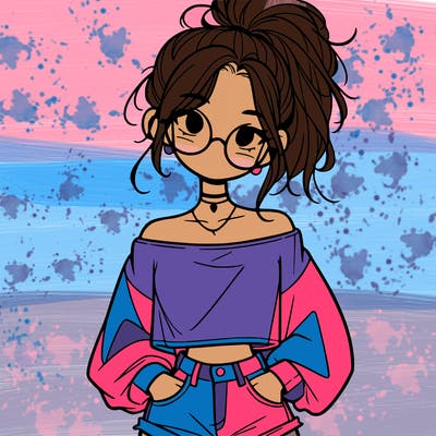 girl with a messy ponytail glasses a baggy crop top and jean shorts