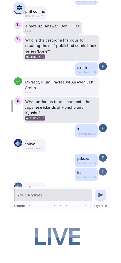 A live multiplayer trivia session in the Trivia Player app showing users typing answers to challenging open ended questions