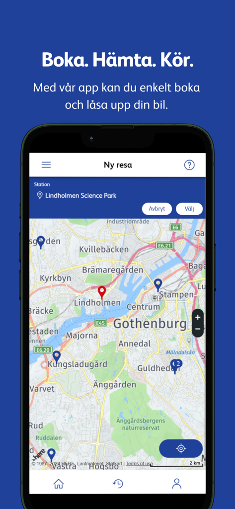 Kartenansicht in der OKQ8 Bilpool App, die Auto-Standorte in Göteborg anzeigt