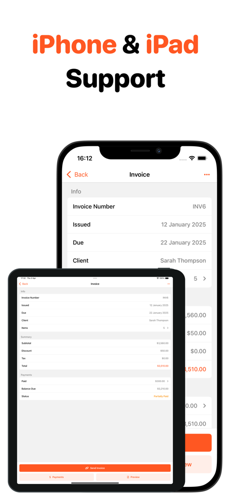 Easy Invoice Maker • Estimate - Easy Invoice Maker app interface shown on iPhone and iPad devices