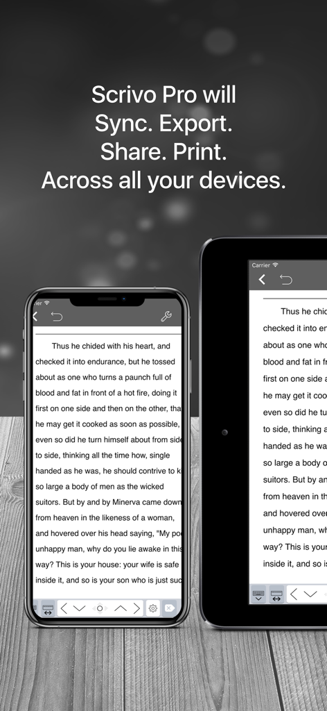 App di scrittura Scrivo 4 visualizzata su un iPhone e un iPad che mostra la sincronizzazione del testo tra i dispositivi