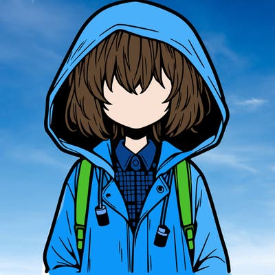 little anime girl in a raincoat her hair is covering her eyes she has a lighter