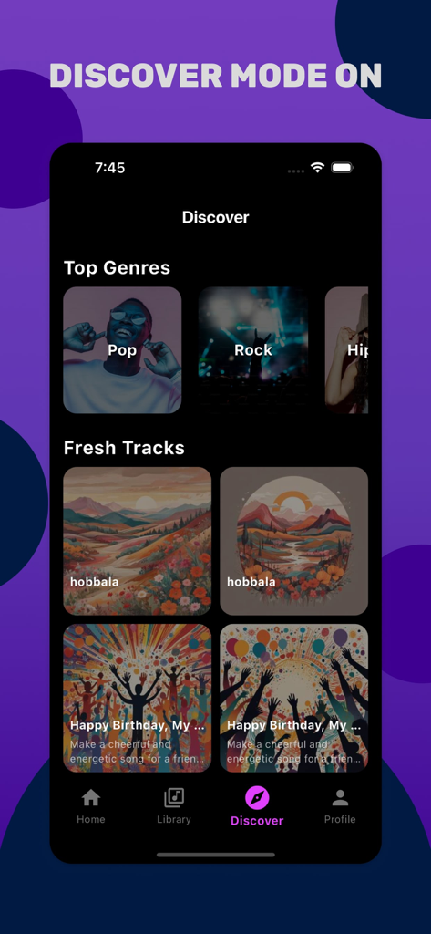 AI Music Generator - Sonora Ai - Sonora AI music app discover screen featuring top genres and fresh tracks