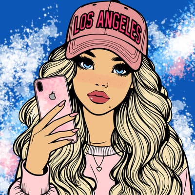 realistic beautiful girl wearing los ángeles cap holding an iphone