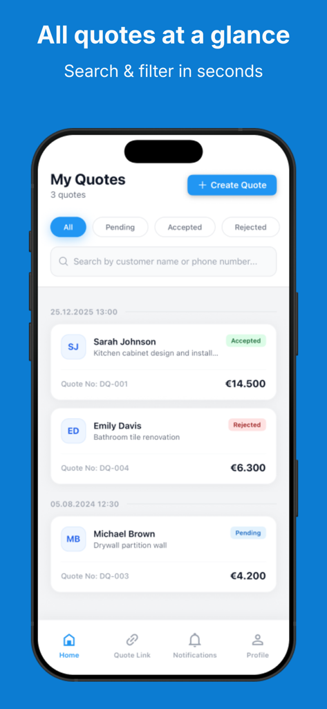 Measure Book - 保留中、承認済み、却下済みのステータスでフィルタリングされた請負業者の見積もりのリストを示すインターフェイス。