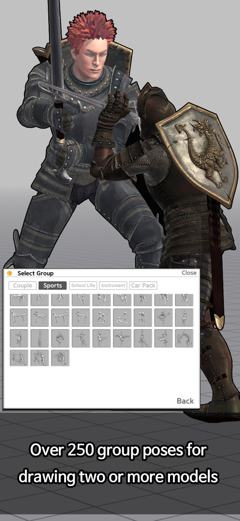 Easy Pose app interface showing two 3D knights in a battle stance with a menu for selecting group poses