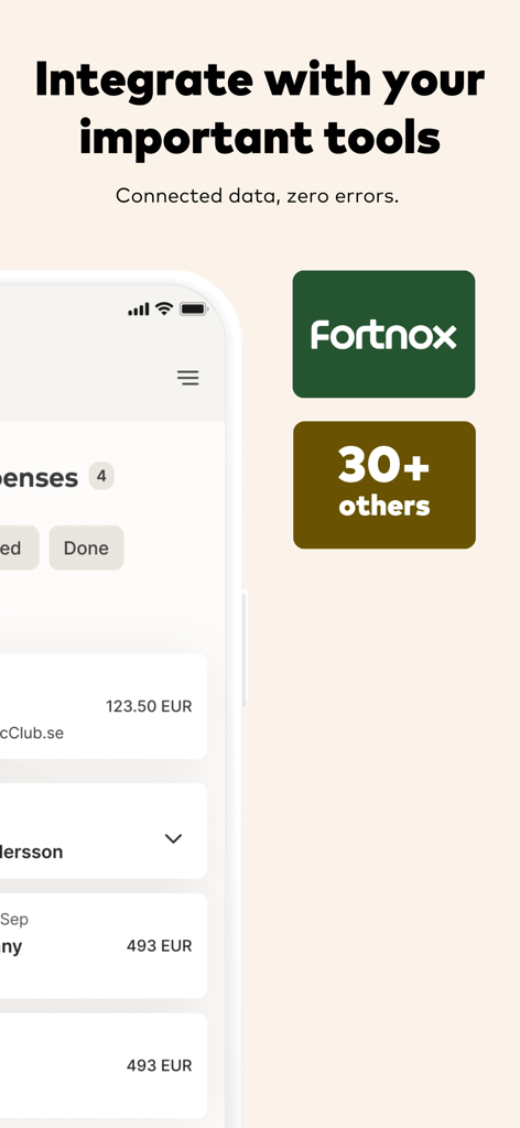 Screenshot of Kvitto and Resa app highlighting integrations with Fortnox and over 30 other business tools for seamless data management.
