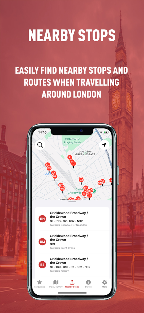 London Live Bus Times - London Live Bus Times app interface showing a map of nearby bus stops and routes in London