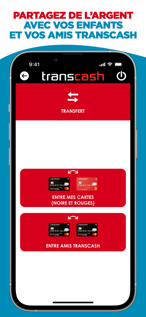 Interfaz de la app móvil Transcash mostrando opciones para transferencias seguras de dinero entre tarjetas y amigos