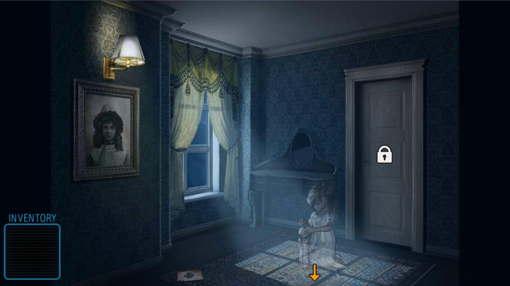 Can You Escape Rescue Girl's Soul? - Impossible Room Escape Challenge - A dark bedroom with a ghostly girl on the floor and a locked door in an escape puzzle game